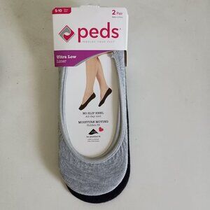NWT 2 pairs Peds Lycra Coolmax ultra low sock liners gray/black shoe size 5-10